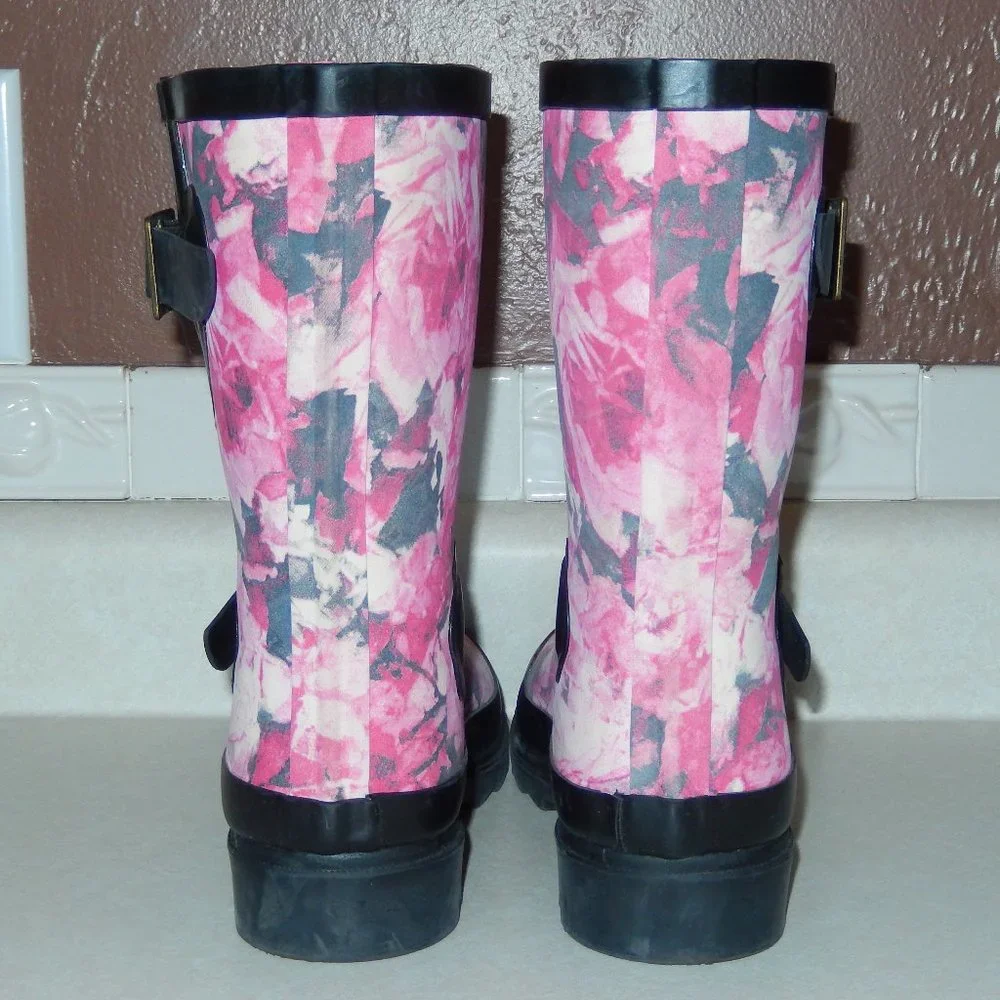 BearPaw Rain Boots Charlie Pink Gray Black Rubber Pull On Strap Buckle 6